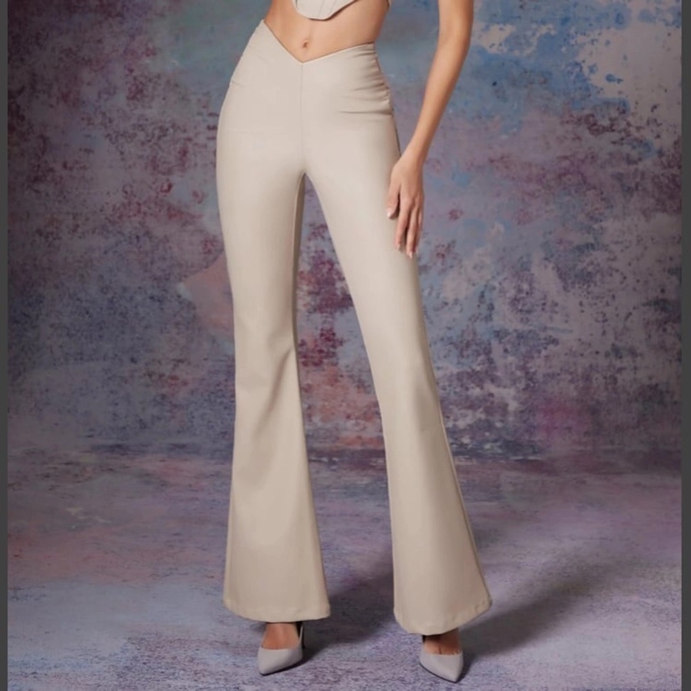 Oh Polly Vegan Leather Bootcut Pants in Stone